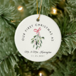 First Christmas As Mr. & Mrs. Wedding Photo  Ceramic Ornament<br><div class="desc">Celebrate Our First Christmas as Mr. & Mrs. with this elegant wedding photo ceramic ornament! Featuring your favorite wedding photo and a modern mistletoe illustration, this ornament adds a romantic touch to your holiday decor. It's a beautiful keepsake to remember your first holiday season as newlyweds, perfect for your tree...</div>