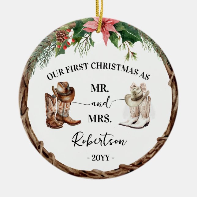First Christmas as Mr & Mrs Western Cowboy Cowgirl Ceramic Ornament (Front)