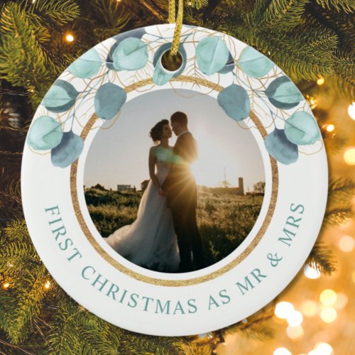 First Christmas As Mrs  Mrs Eucalyptus Gold Photo Ceramic Ornament