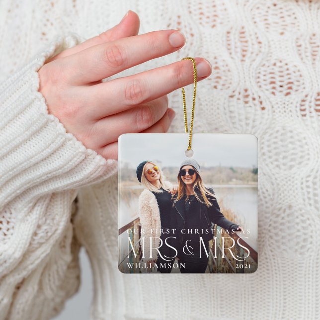 First Christmas As Mrs & Mrs Modern Couple Photo Ceramic Ornament (First Christmas As Mrs & Mrs Modern Couple Photo Ceramic Ornament)