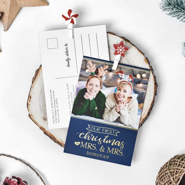 First Christmas as mrs & mrs newlyweds lgbtq gold Foil Holiday Postcard (Creator Uploaded)