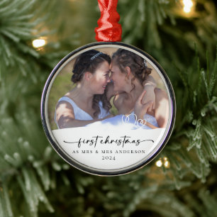 First Christmas As Mrs & Mrs Photo Keepsake Metal Ornament