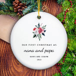 First Christmas as Nana and Papa | Elegant Ceramic Ornament<br><div class="desc">This simple yet stylish holiday ornament says "first Christmas as nana and papa" along with their names and year in modern text and script. An elegant red and white Christmas floral bouquet with poinsettias and green leaves decorates the white background. A gorgeous keepsake for anyone who first welcomed a grandchild...</div>