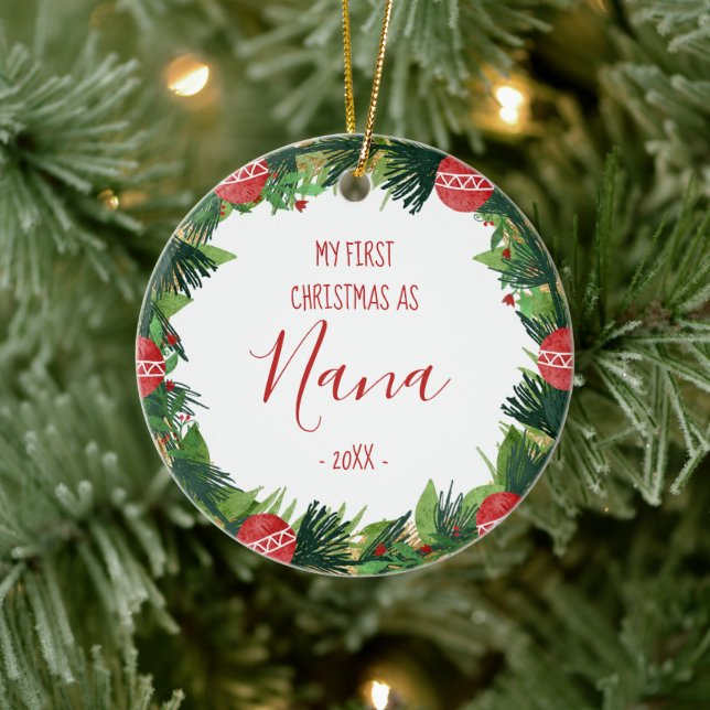 First Christmas as Nana Baby Photo Wreath Ceramic Ornament (Tree)
