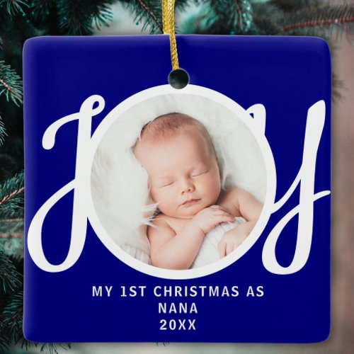 First Christmas As Nana Photo Keepsake Blue Ceramic Ornament