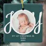 First Christmas As Nana Photo Keepsake Green Ceramic Ornament<br><div class="desc">This keepsake "First Christmas As Nana" photo ornament is decorated with the word 'JOY' in stylish script typography on a green background. Easily customizable.</div>