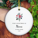 First Christmas as Nana | Pretty and Elegant Ceramic Ornament<br><div class="desc">This simple yet stylish holiday ornament says "first Christmas as Nana" along with the baby name and year in modern text and script. An elegant red and white Christmas floral bouquet with poinsettias and green leaves decorates the white background. A gorgeous keepsake for any grandmother who first welcomed a grandchild...</div>