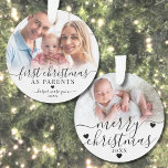 First Christmas As Parents Baby 2 Photo Ornament<br><div class="desc">First Christmas As Parents New Baby 2 Photo Ornament. Celebrate the joy of your first holiday season as new parents with this elegant, custom ornament. The front features a cherished photo of your baby or a sweet moment of the parents with their newborn, beautifully adorned with the phrase "First Christmas...</div>