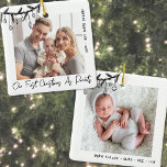 First Christmas As Parents Baby Photo Ceramic Ornament<br><div class="desc">Celebrate the joy of your new family with this square Christmas ornament. The front highlights a large photo, accented with a black doodle swag of pine greenery and hanging ornaments in the top left corner, slightly overlapping the image for a casual hand-drawn look. At the bottom center, the phrase “Our...</div>