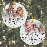 First Christmas As Parents Baby Photo Ceramic Ornament<br><div class="desc">First Christmas As Parents New Baby 2 Photo Ornament. Mark the excitement of your first holiday season as parents with this personalized keepsake ornament. The front highlights a special photo of your baby, or a tender moment with your little one, paired with the phrase "First Christmas As Parents" in a...</div>