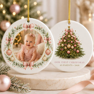 First Christmas as Parents Girl Bow Photo Ceramic Ornament
