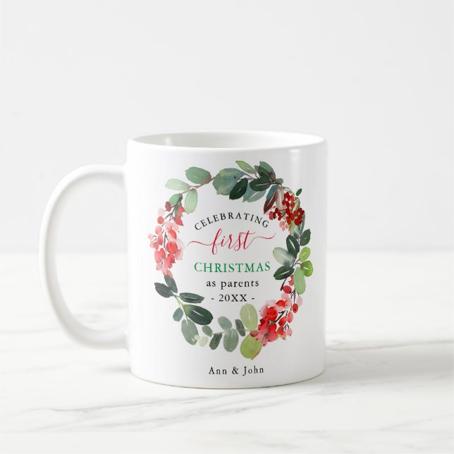 First Christmas as Parents Holiday Wreath Custom Coffee Mug (Left)