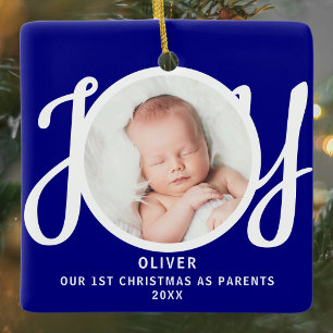 First Christmas As Parents Photo Blue Keepsake Ceramic Ornament