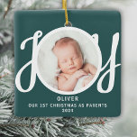 First Christmas As Parents Photo Green Keepsake Ceramic Ornament<br><div class="desc">This keepsake First Christmas As Parents photo ornament is decorated with the word JOY in stylish script typography on a green background. Easily customizable.</div>