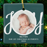 First Christmas As Parents Photo Green Keepsake Ceramic Ornament<br><div class="desc">This keepsake First Christmas As Parents photo ornament is decorated with the word JOY in stylish script typography on a green background. Easily customizable.</div>