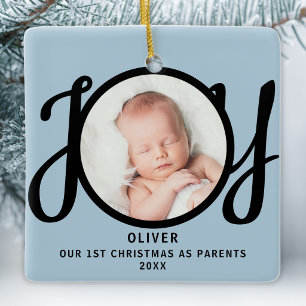 First Christmas As Parents Photo Pale Blue Joy  Ceramic Ornament
