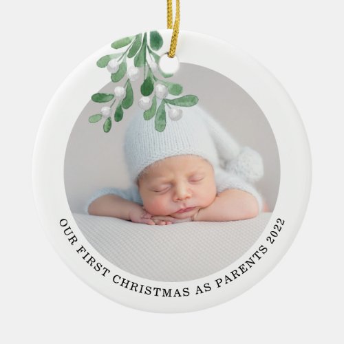 First Christmas As Parents Photo Watercolor  Ceramic Ornament