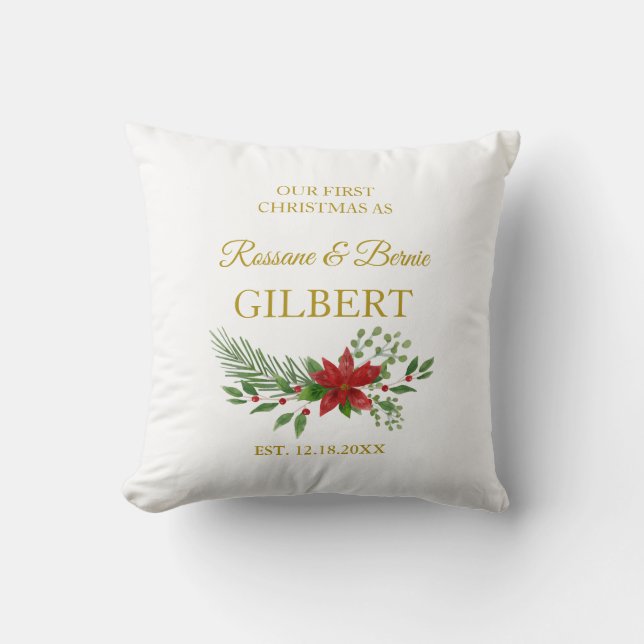 First Christmas As Quote With Poinsettias Design Throw Pillow (Front)