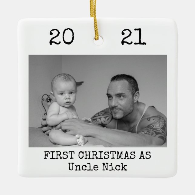First Christmas As Uncle Black and White Simple Ceramic Ornament (Front)