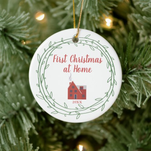 First Christmas At Home Personalized Red Farmhouse Ceramic Ornament