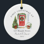 First Christmas at New Address Red Door Ceramic Ornament<br><div class="desc">A festive white round ceramic ornament featuring a classic watercolor entry: bright red door with wreath and garland, flanked by potted trees. The arched headline reads “FIRST CHRISTMAS AT, ” with lines below for your street, names, and year. A timeless first-home keepsake and thoughtful housewarming gift—its rich red-green palette pops...</div>