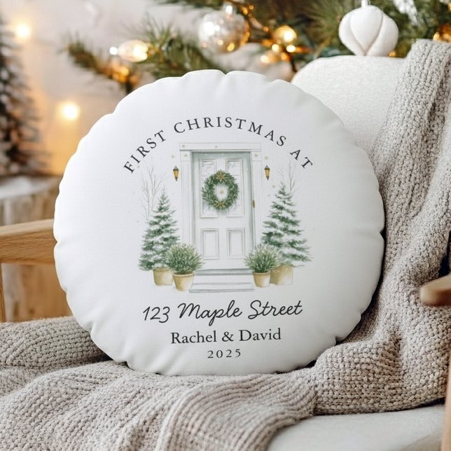 First Christmas at New Address – Red Door  Round Pillow (Creator Uploaded)