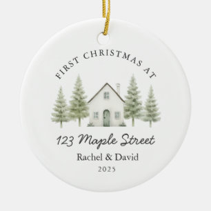 First Christmas at New Address–Watercolor Cottage Ceramic Ornament