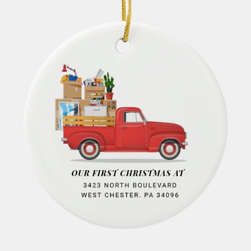 First Christmas At New Home Red Loaded Truck Ceramic Ornament