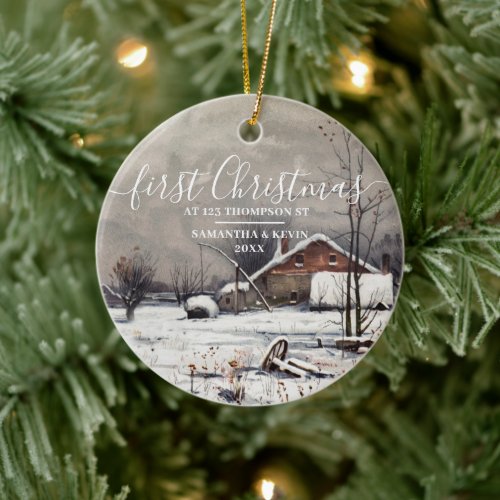 First Christmas at New Home Vintage Winter House Ceramic Ornament