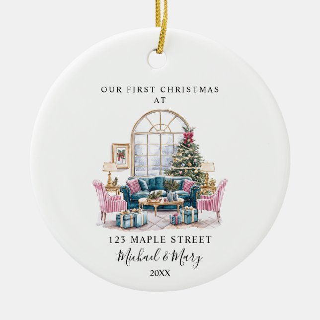 First Christmas At New Home With Address and Name Ceramic Ornament (Front)
