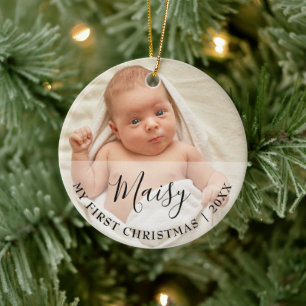 First Christmas Baby 2 Photo Script Name Ceramic Ornament