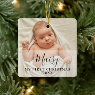 First Christmas Baby 2 Photo Script Name Ceramic Ornament