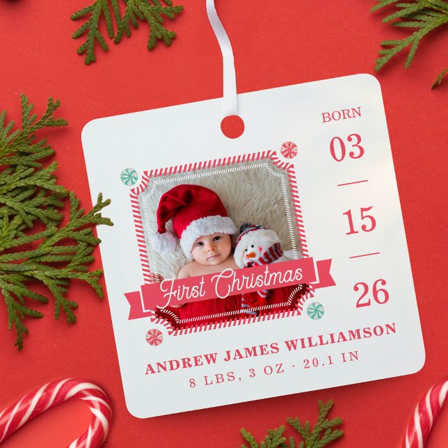 First Christmas Baby Birth Stats Photo Candy Cane Metal Ornament (First Christmas Baby Birth Stats Photo Candy Cane Metal Ornament)