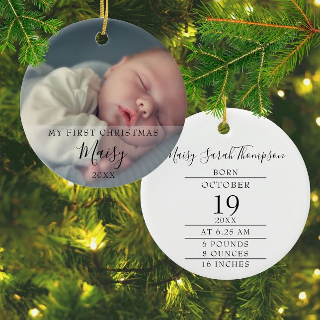 First Christmas Baby Birth Stats Photo Ceramic Ornament (First Christmas Baby Birth Stats Photo Ceramic Ornament)