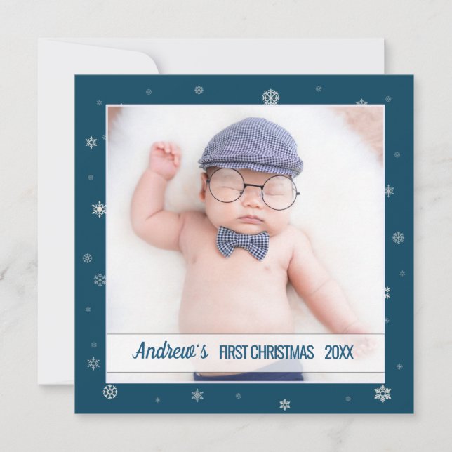 First Christmas baby boy blue snowflakes Card (Front)