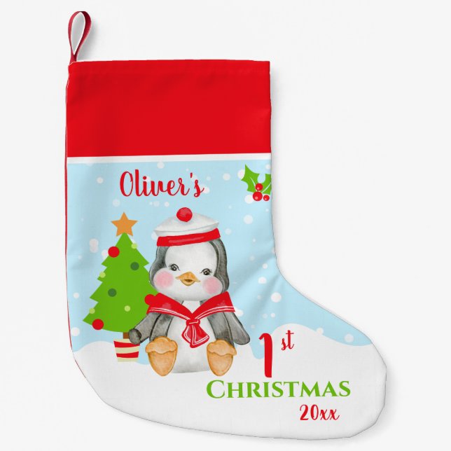 First Christmas Baby Boy Penguin Small Christmas Stocking (Front)