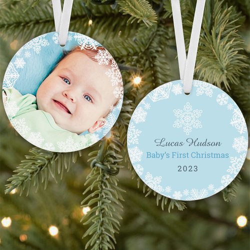 First Christmas Baby Boy Snowflake Frame Photo Ornament