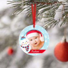 First Christmas Baby Boy Snowman Custom Photo Ornament at Zazzle