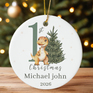 First Christmas Baby Custom Name and Year Dinosaur Ceramic Ornament