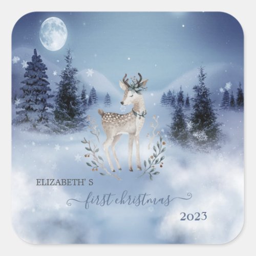 First ChristmasBaby DeerWinter Landscape  Square Sticker
