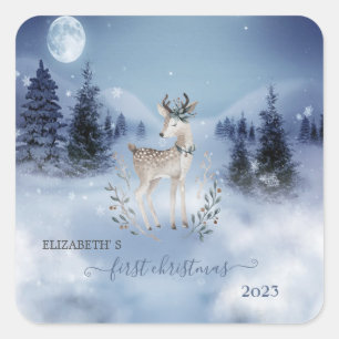 First Christmas,Baby Deer,Winter Landscape Square Sticker