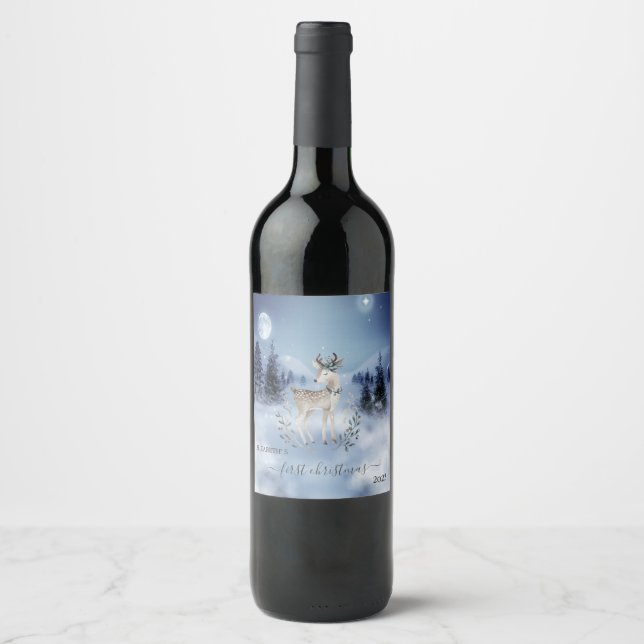 First Christmas,Baby Deer,Winter Landscape  Wine Label (Front)
