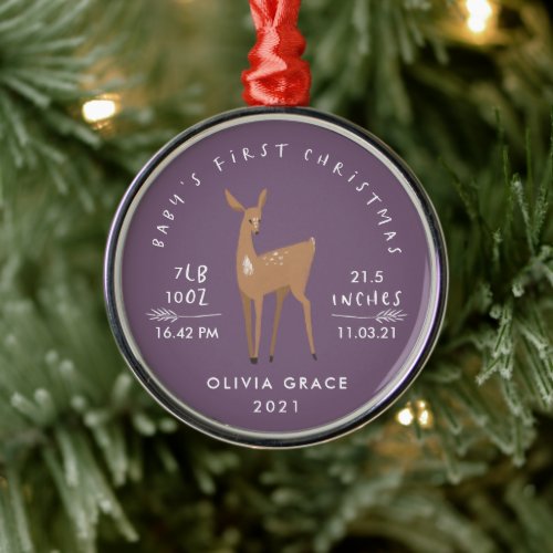 First Christmas baby details deer purple Metal Ornament
