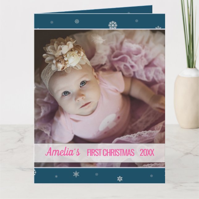 First Christmas baby girl blue snowflake Card (Front)