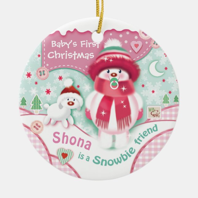 First Christmas, Baby Girl, Cute Snowbie Ceramic Ornament (Front)