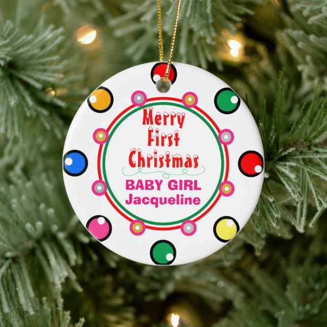 First Christmas Baby Girl Geometric Red Green Ceramic Ornament (Tree)