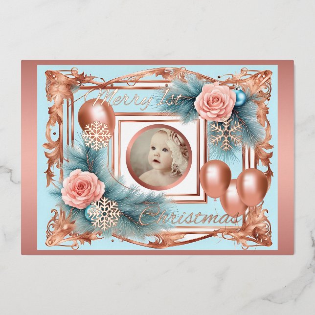 First Christmas Baby Girl Pastel Rose Gold Retro  Foil Invitation (Front)