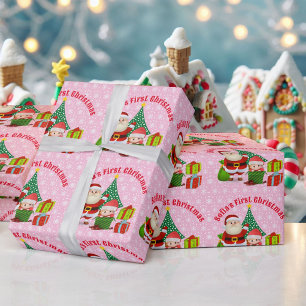 First Christmas Baby Girl Personalize Name Pink Wrapping Paper