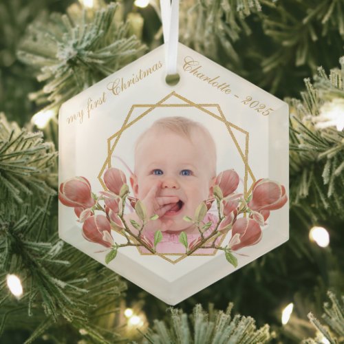 First Christmas Baby Girl Photo Gold Pink Magnolia Glass Ornament