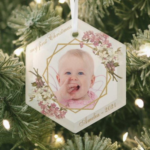 First Christmas Baby Girl Photo Pink Orchids Gold  Glass Ornament
